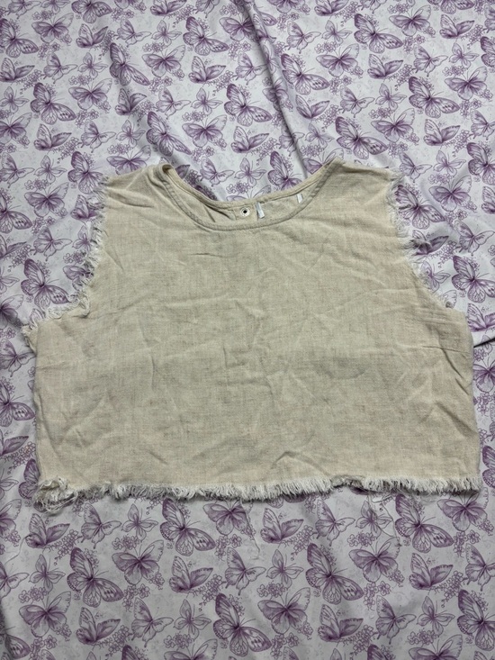 Tops - 🍄Raw Edge Beige Linen Crop Tank Top